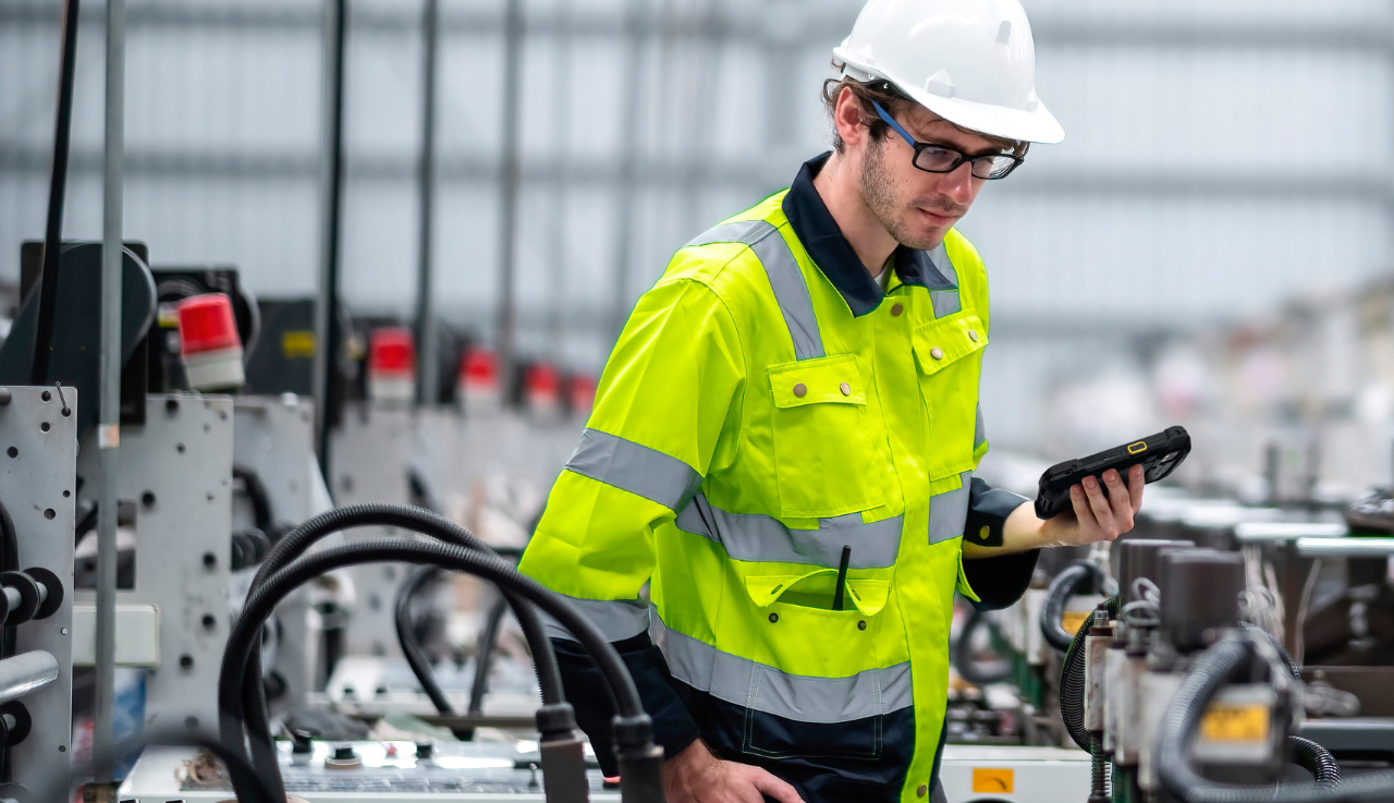 Man dressed in a high-vis and hard hat works at a manufacturing machine holding a mobile device.