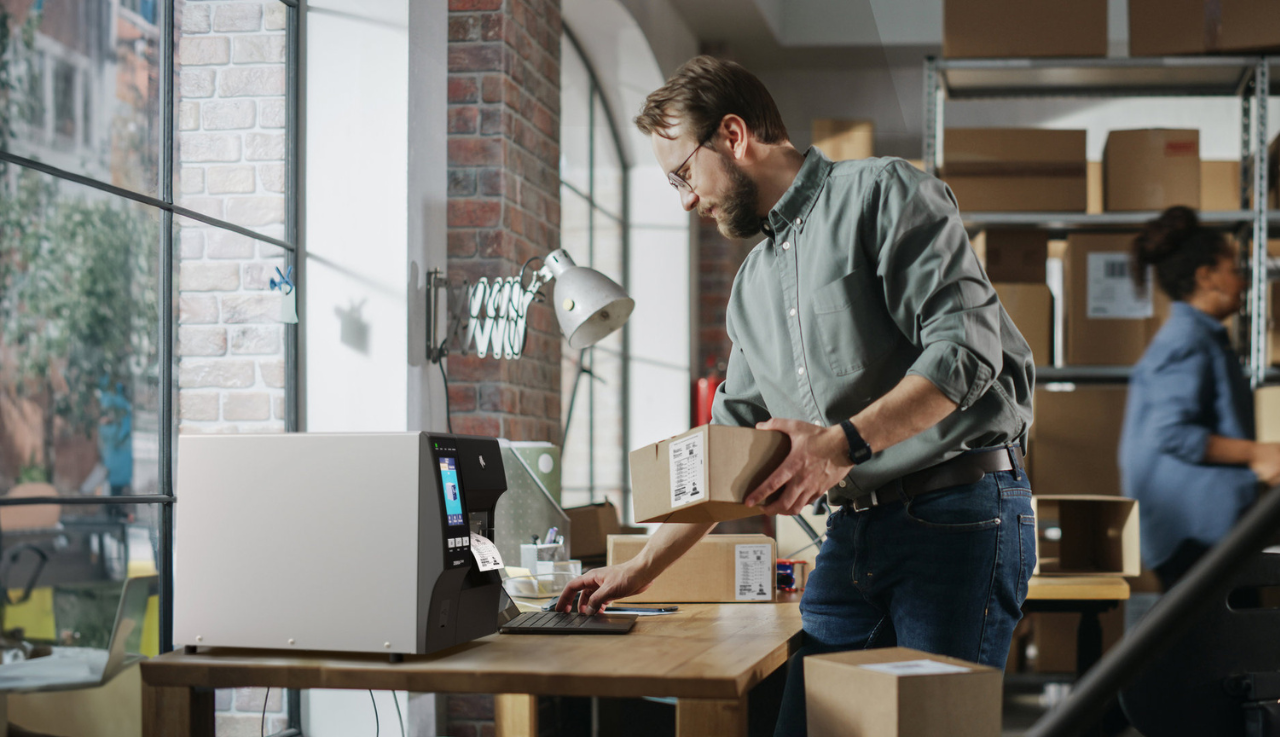 A man stands in an office in front of a table that has an industrial printer machine and a laptop. He holds a box.