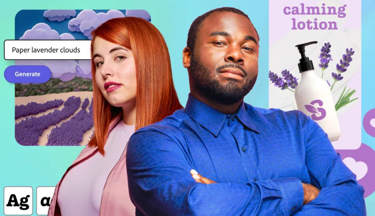 Two people stand back-to-back in front of a graphic background.