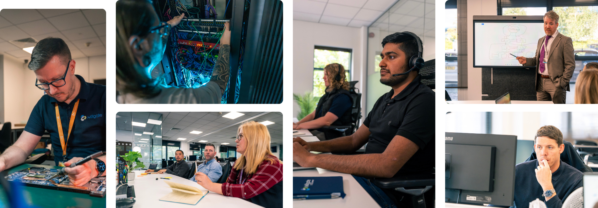 Left to right: A staff member working on soldering a motherboard. A close up of a server. a group photo of a meeting. A manager presenting to a team and another sat at his desk working.