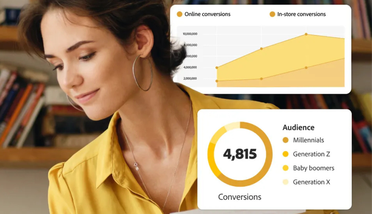 A close up of a woman overlayed by graphics of data.