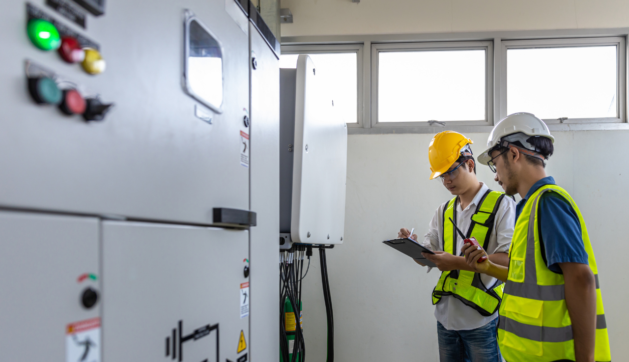 Two workers in protective gear stand in front of a switchboard machine.