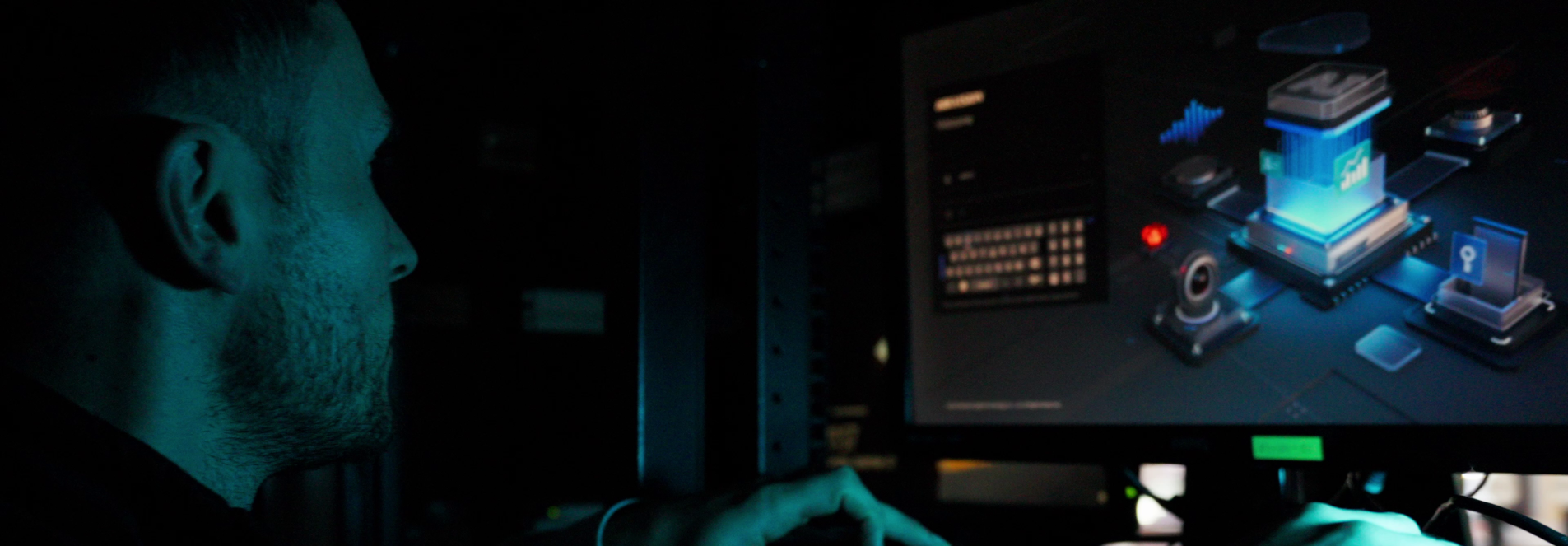 Close up of a dark server room. A male team member stands at the server computer, typing into it.