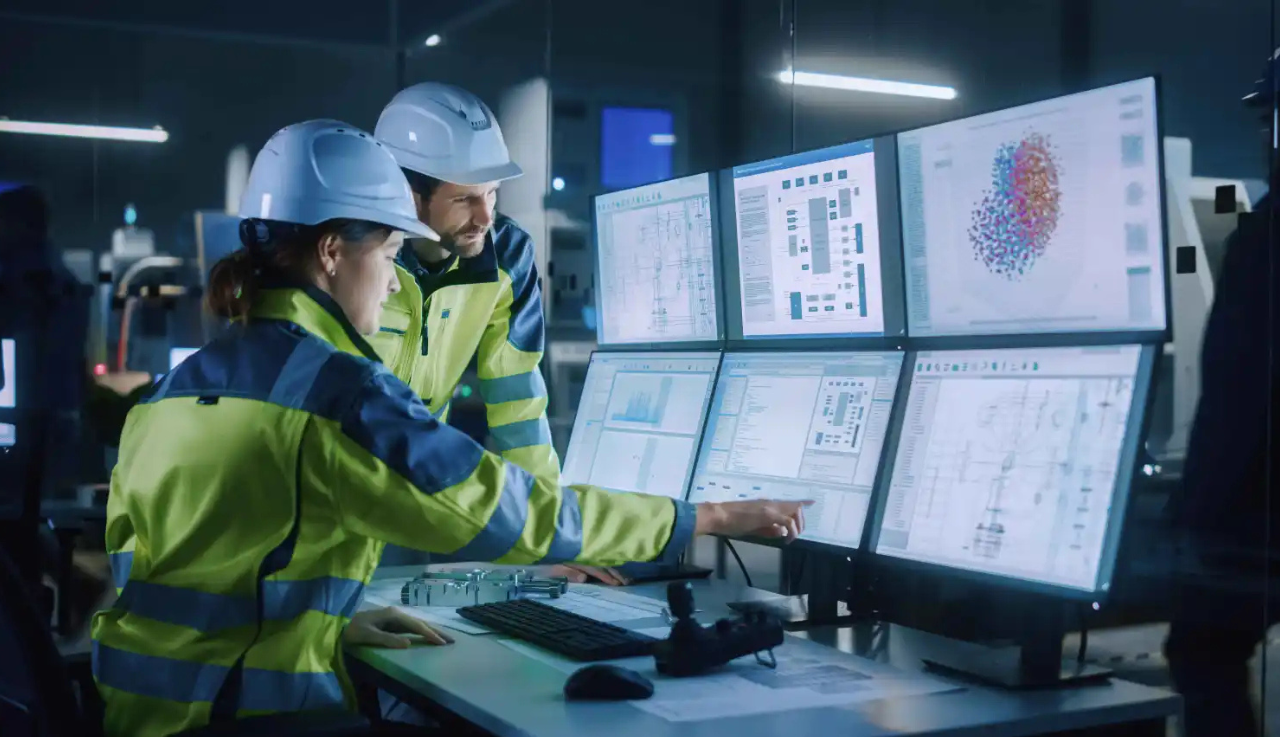 Two people in high-vis and hard hats stand in front of six monitors, they are looking at them.