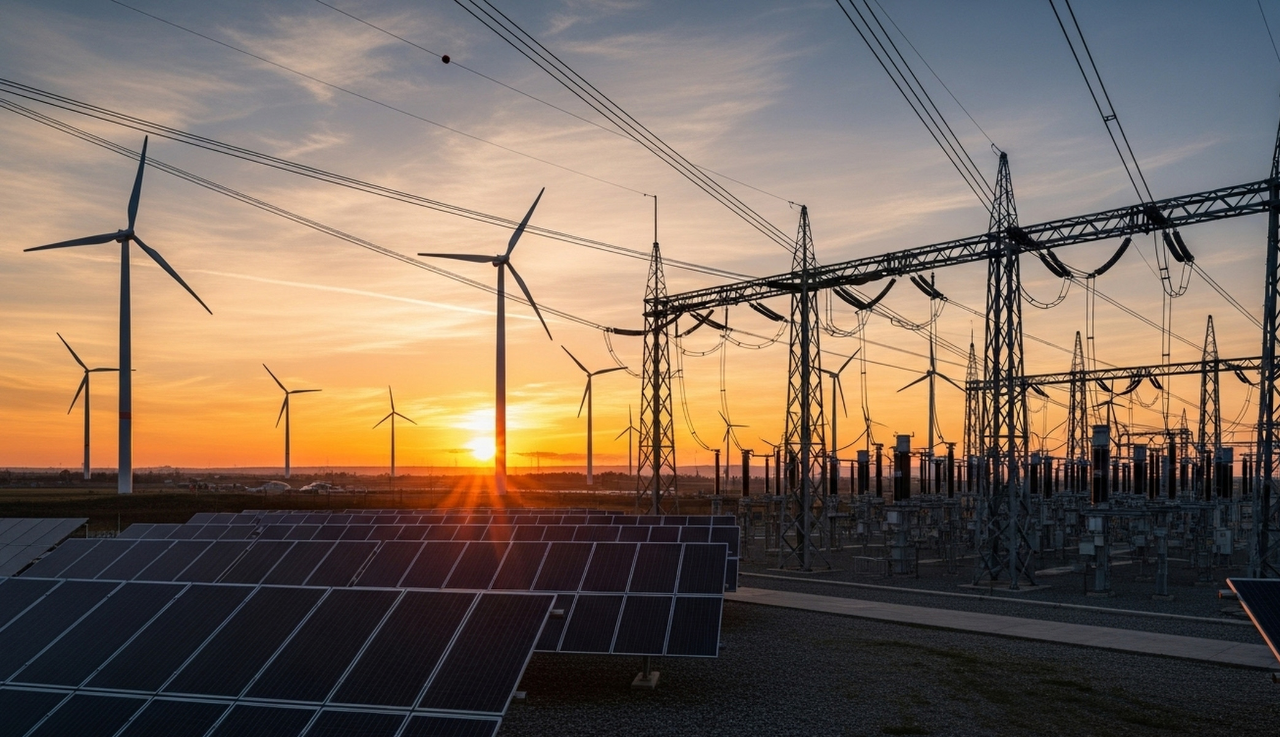 A wide shot of a solar and wind turbine field at sunset.