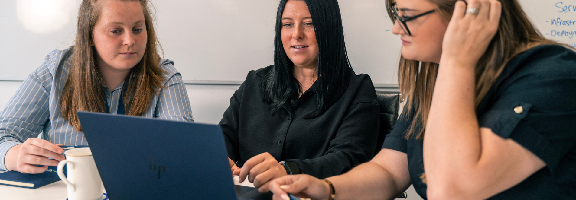 Three Millgate staff members are sat around a single HP laptop. They appear to be looking at the screen and discussing the contents. A whiteboard sits behind them.