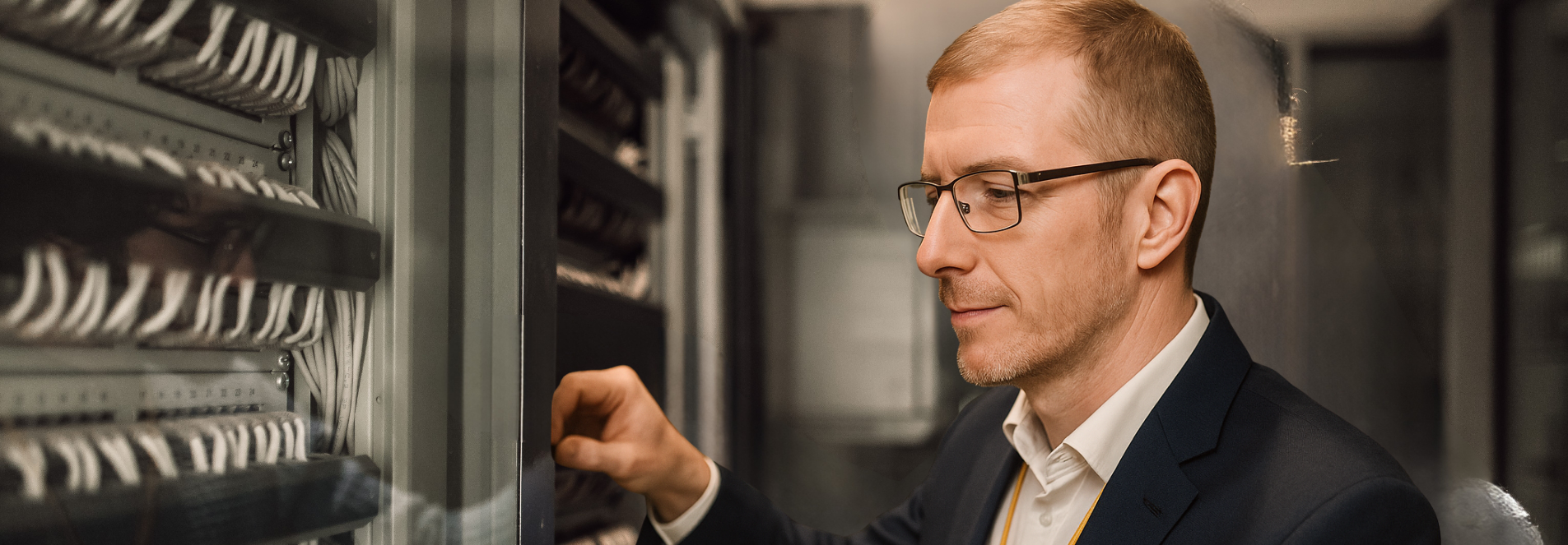 Specialist looking at a sever cupboard.