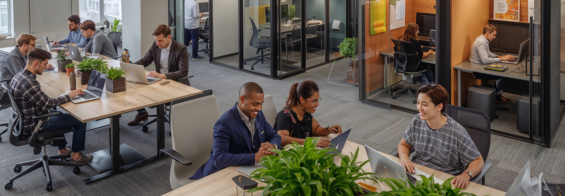 An overhead shot of a busy office, staff sat at desks smiling and working.